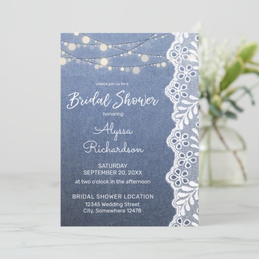 Jean Lace & String Lights Brautparty 2 Einladung (Stehend Vorderseite)