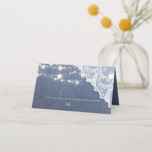 Jean, Lace & String Lights Wedding Platzkarte (Vorderseite)