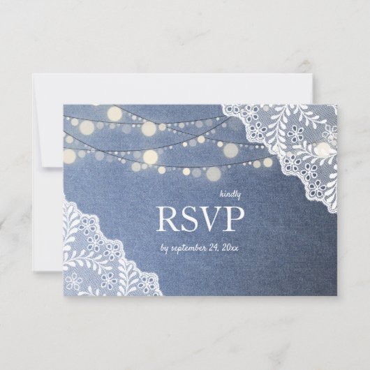 Jean Lace & String Lights Wedding w/Meal RSVP Karte (Vorderseite)