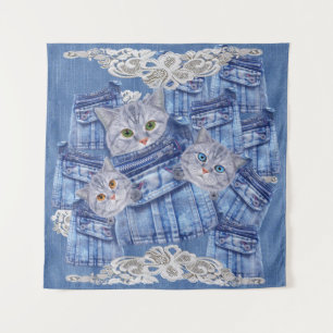 Jeans, Kätzchen, Spitzen und Spitzen aus Denim-Tas Wandteppich