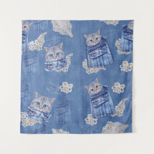 Jeans, Kätzchen, Spitzen und Spitzen aus Denim-Tas Wandteppich