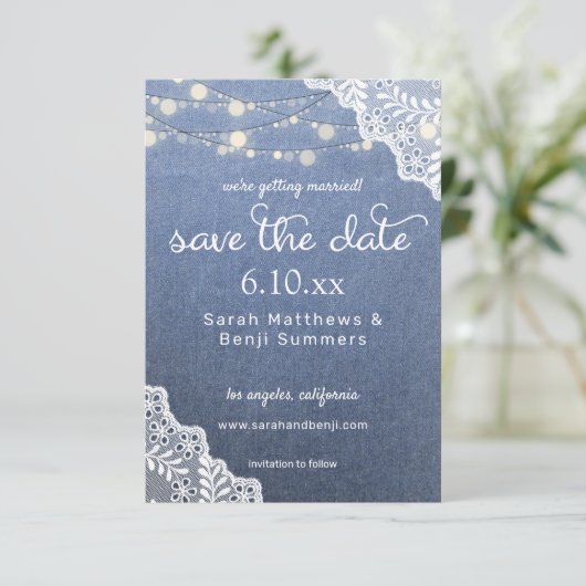 Jeans Lace & String Lights Save the Date V2 (Stehend Vorderseite)