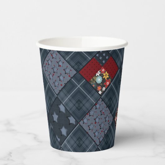 Jeans-Patchwork, Patchwork, Textil, blaues Muster Pappbecher (Links)