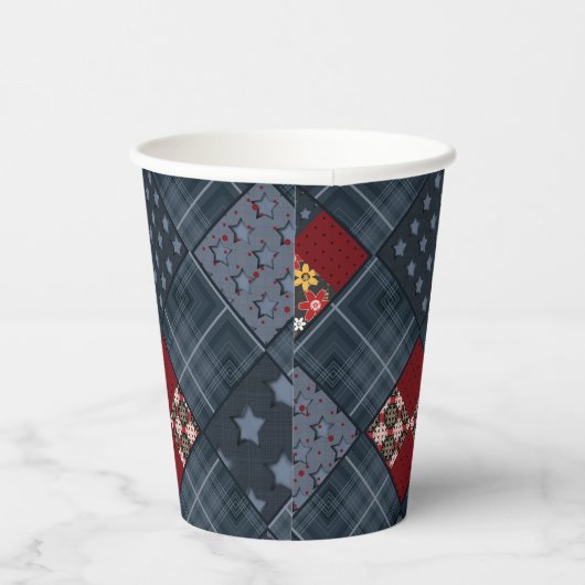 Jeans-Patchwork, Patchwork, Textil, blaues Muster Pappbecher (Rechts)