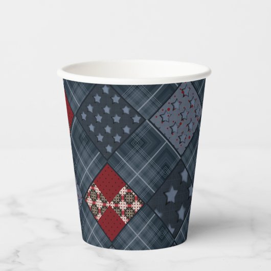 Jeans-Patchwork, Patchwork, Textil, blaues Muster Pappbecher (Vorderseite)