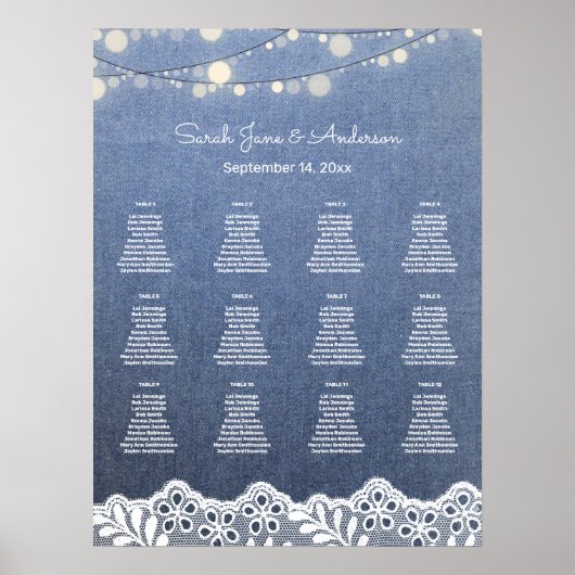 Jeans, Spitzen, String Lights Wedding Chart Poster (Vorne)