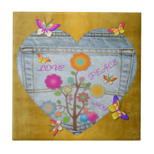 Jeans Tasche Herz Blumen Schmetterlinge auf Gold Fliese
