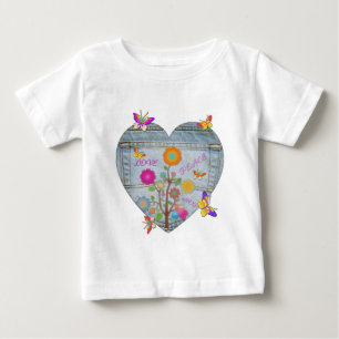 Jeans Tasche Herz Blumen Schmetterlinge Baby T-shirt