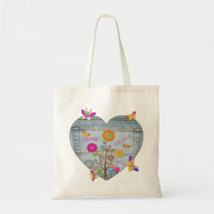 Jeans-Tasche mit Herz, Blumen und Schmetterlingen Tragetasche