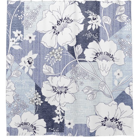 Jeansblumen-Patchwork, nahtloses Muster. Duschvorhang (Vorderseite)