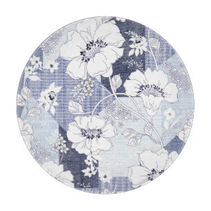 Jeansblumen-Patchwork, nahtloses Muster. Schneidebrett