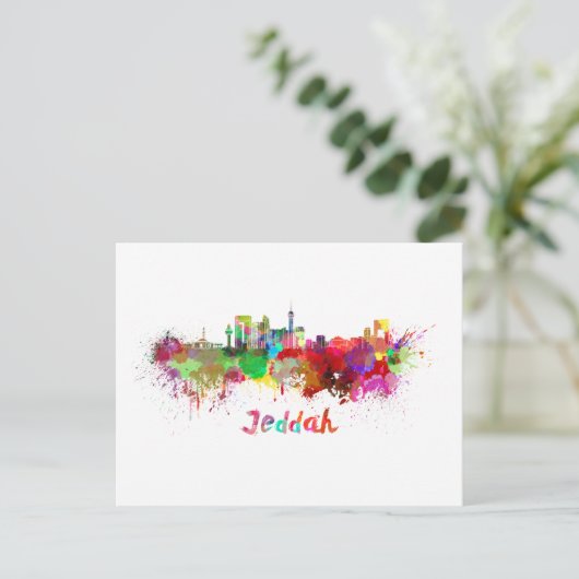 Jeddah Skyline in Aquarellfarbe Postkarte (Stehend Vorderseite)