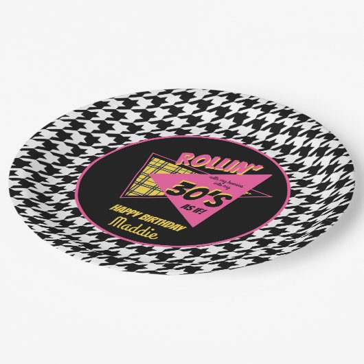 JEDE ALTER 90er Hahnentrittmuster karierte Geburts Pappteller (Schrägansicht)