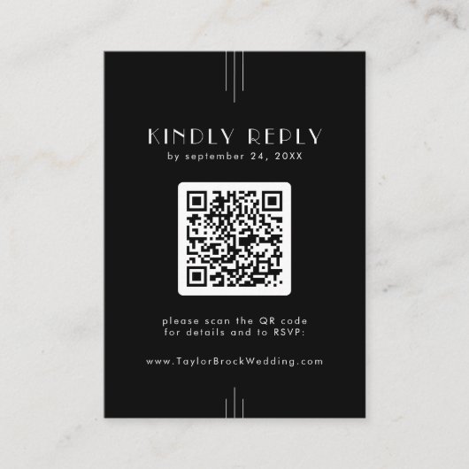 JEDE Art Deco Black RSVP Karte mit QR Code (Vorderseite)