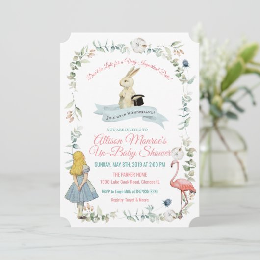 JEDE FARBE - Alice im Wunderland Babydusche Einladung (Stehend Vorderseite)