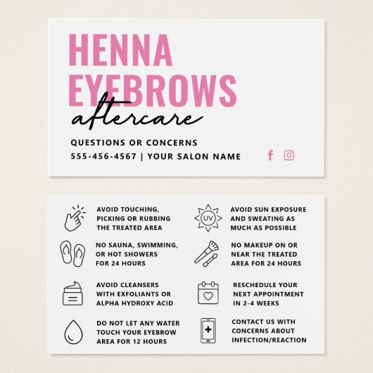 Jede Farbe Henna Brows Brows Tint Aftercare-Karte (Vorne & Hinten)