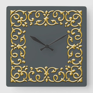 Jede Farbe mit goldener Filigrele-Grenze Quadratische Wanduhr