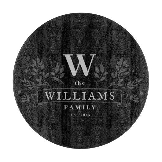 Jede Farbe | Rustikaler Familienname Monogram Schneidebrett (Vorderseite)