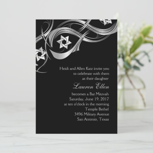 Jede Farbe Silver Star Swak Bat Mitzvah Einladung (Stehend Vorderseite)