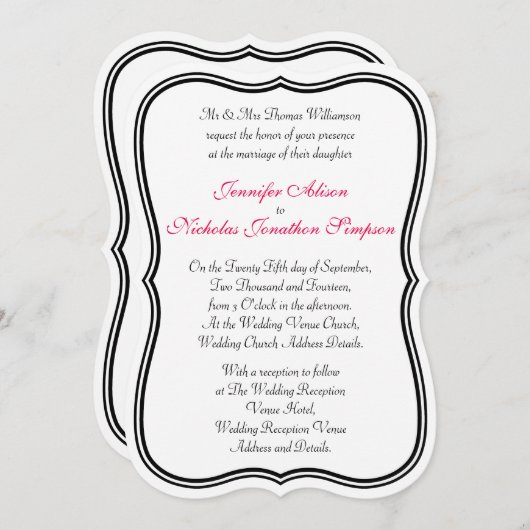 Jede farbige, einfache Doppelgrenze geformt Hochze Einladung (Vorne/Hinten)