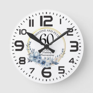 Jede Hochzeit (60) Elegantes blaues florales Jubil Runde Wanduhr