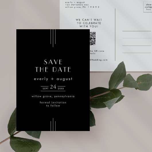 JEDE MODERNE Art Deco Black Wedding Save the Date Einladungspostkarte