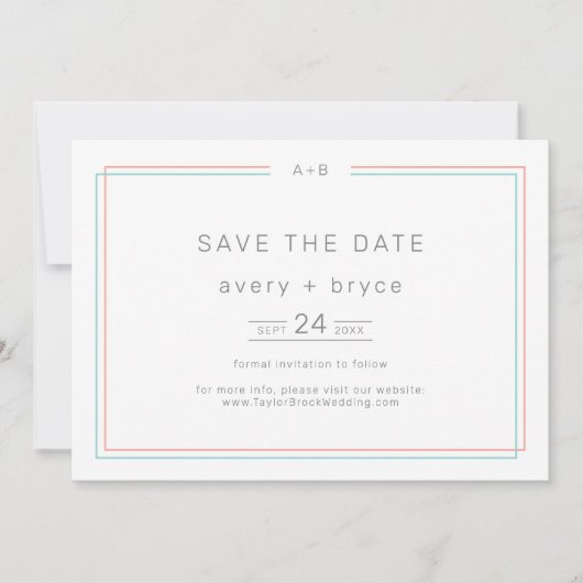 JEDE moderne Korallenhochzeit und Aquamarine Grenz Save The Date (Vorderseite)