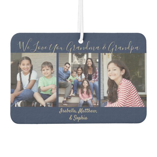 Jede Textfamilie 4 Foto Collage Navy & Gold Heart Autolufterfrischer (Vorderseite)