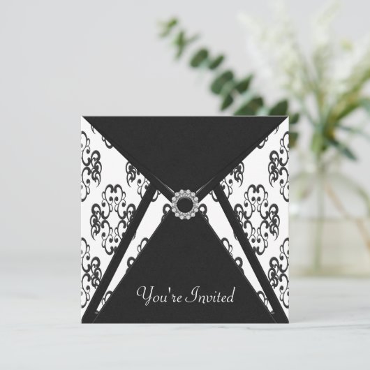 Jeden Anlaß Black Damask Party Einladung (Stehend Vorderseite)