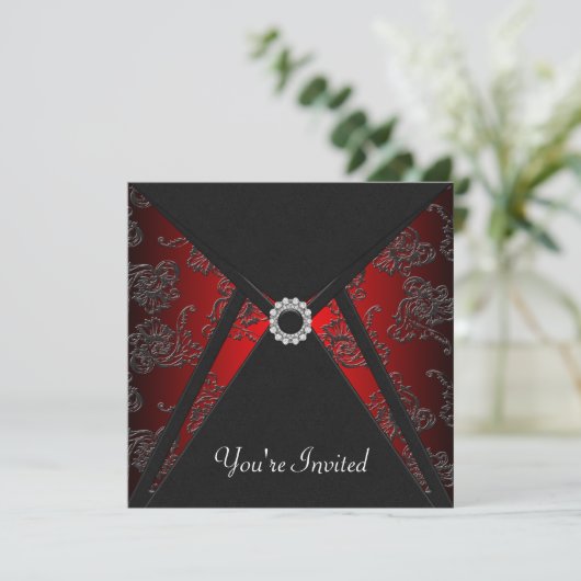 Jeden Anlaß Black Damask Red Invasion Template Einladung (Stehend Vorderseite)