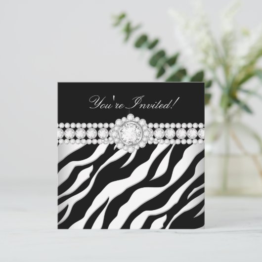 Jeden Anlaß Diamond Trim Schwarz-weiß Zebra Party Einladung (Stehend Vorderseite)