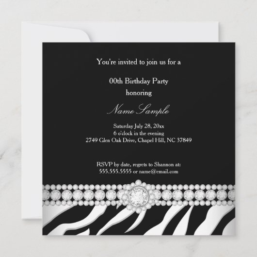 Jeden Anlaß Diamond Trim Schwarz-weiß Zebra Party Einladung (Rückseite)