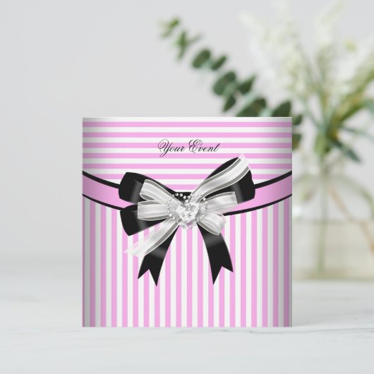 Jeden Anlaß Party Rosa Schwarz-weiß Stripe (2) Einladung (Stehend Vorderseite)