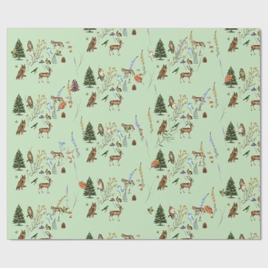 Jeden Anlaß Woodland Tiere Pflanze Sage Green Geschenkpapier (Flach)
