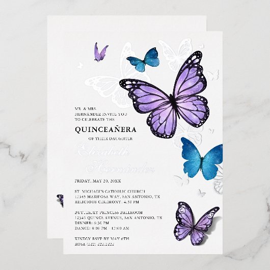 Jeder Farbschmetterling Elegante Quinceanera Folieneinladung (Vorderseite/Rückseite)