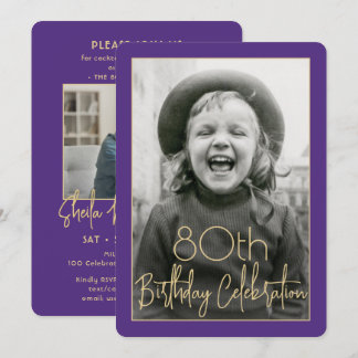 Jeder Geburtstag 2 Foto Chic Typografie Lila & Gol Einladung