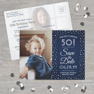 JEDER Geburtstag 2 Foto Navy Blue Save the Date we Einladungspostkarte