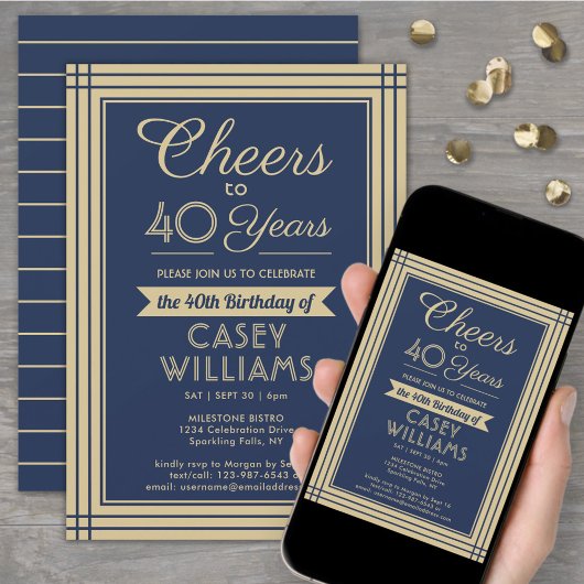 JEDER Geburtstag Cheers Download Navy Blue & Gold Einladung