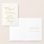 JEDER Geburtstag Cheers Elegant White & Gold Confe Folienkarte<br><div class="desc">Sage Geburtstag im Stil mit dem schicken Luxus-Glanz von Gold reale Folie. Design bietet anpassbare Skriptkalligraphie "Cheers to 50 Years" und glittery Konfetti Punkte. Bitte beachten Sie, dass das Innere der Karte farbig ist, nicht metallische Folie. Die moderne Typografie-Botschaft ist einfach zu personalisieren für jedes Alter oder für einen anderen...</div>