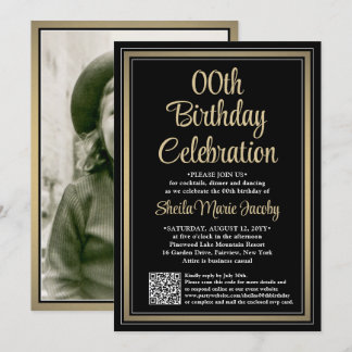 JEDER Geburtstag ・ Foto & QR Code Black & Gold Par Einladung