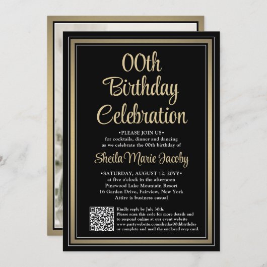 JEDER Geburtstag ・ Foto & QR Code Black & Gold Par Einladung (Vorne/Hinten)