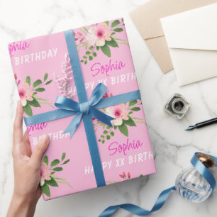 Jeder Geburtstag, Name, rosa Wasserfarbe Blume Geschenkpapier