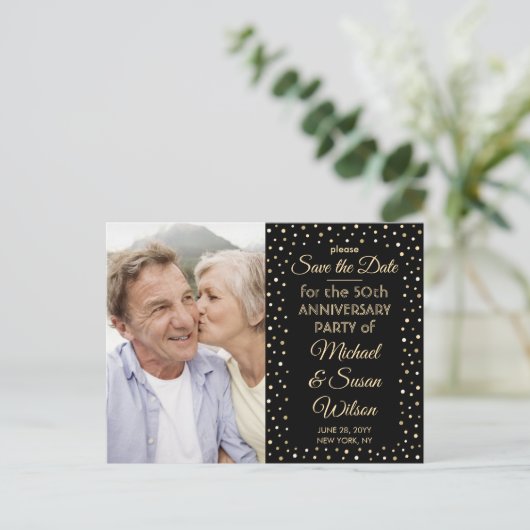 JEDER Jubiläum 1 Foto Black & Gold Save the Date Einladungspostkarte (Stehend Vorderseite)