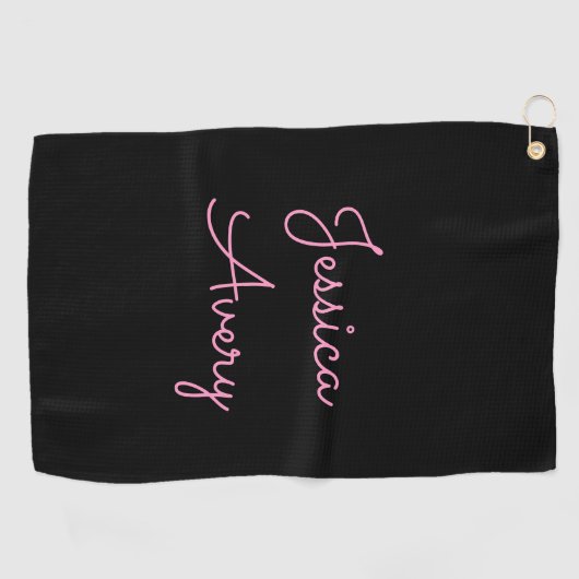 Jeder Name | Cool Editable Pink Script in Black Golfhandtuch (Horizontal)