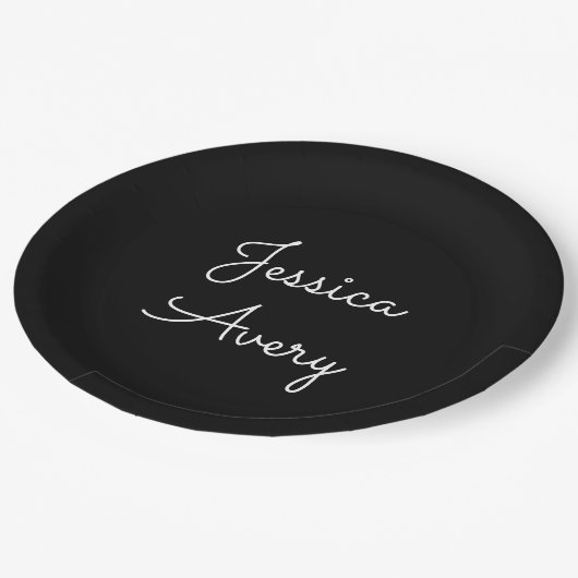 Jeder Name | Cool Editable White Script on Black Pappteller (Schrägansicht)