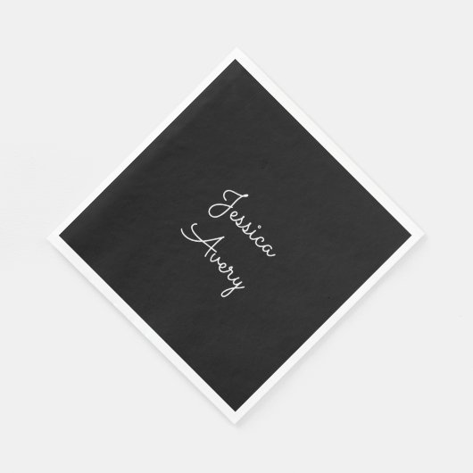 Jeder Name | Cool Editable White Script on Black Serviette (Ecke)