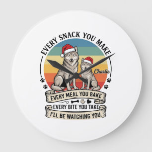 Jeder Snack, den du machst Hund Weihnachtsmann Hut Große Wanduhr