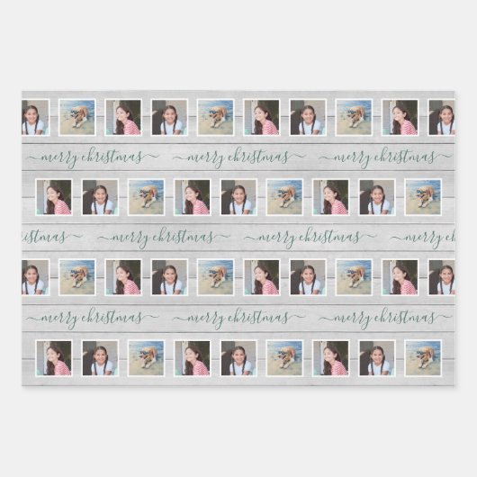 Jeder Text 12 Foto Collage Bauernhof Holz Weihnach Geschenkpapier Set (Vorderseite)