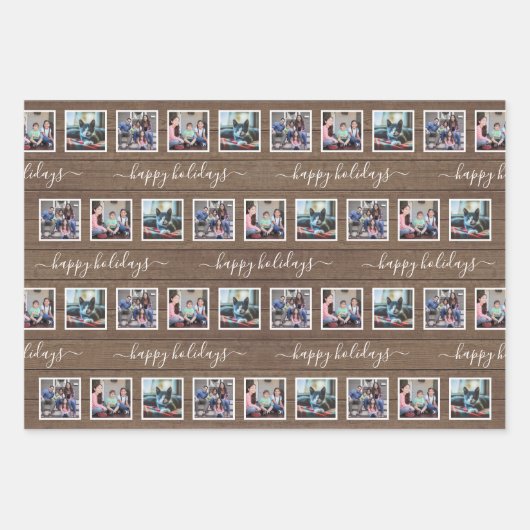 Jeder Text 12 Foto Collage Rustikales Holz Weihnac Geschenkpapier Set (Vorderseite 2)