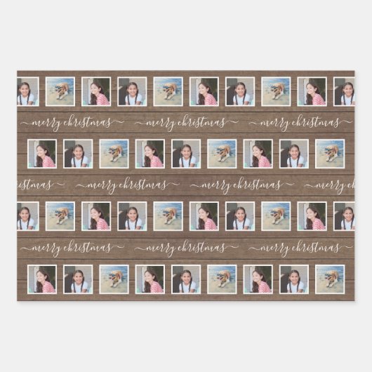 Jeder Text 12 Foto Collage Rustikales Holz Weihnac Geschenkpapier Set (Vorderseite)